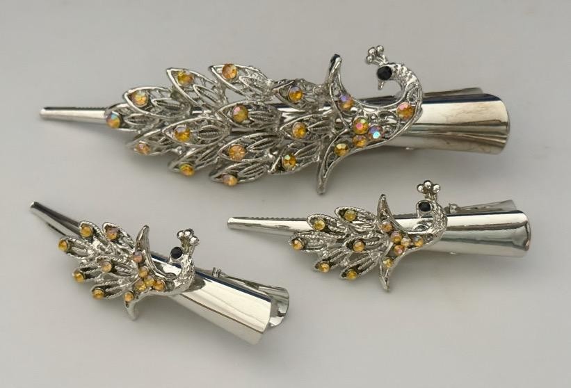 New 3 Silver-tone Peacock Alligator Hair Clamps CRYSTALS FREE USA SHIPPING