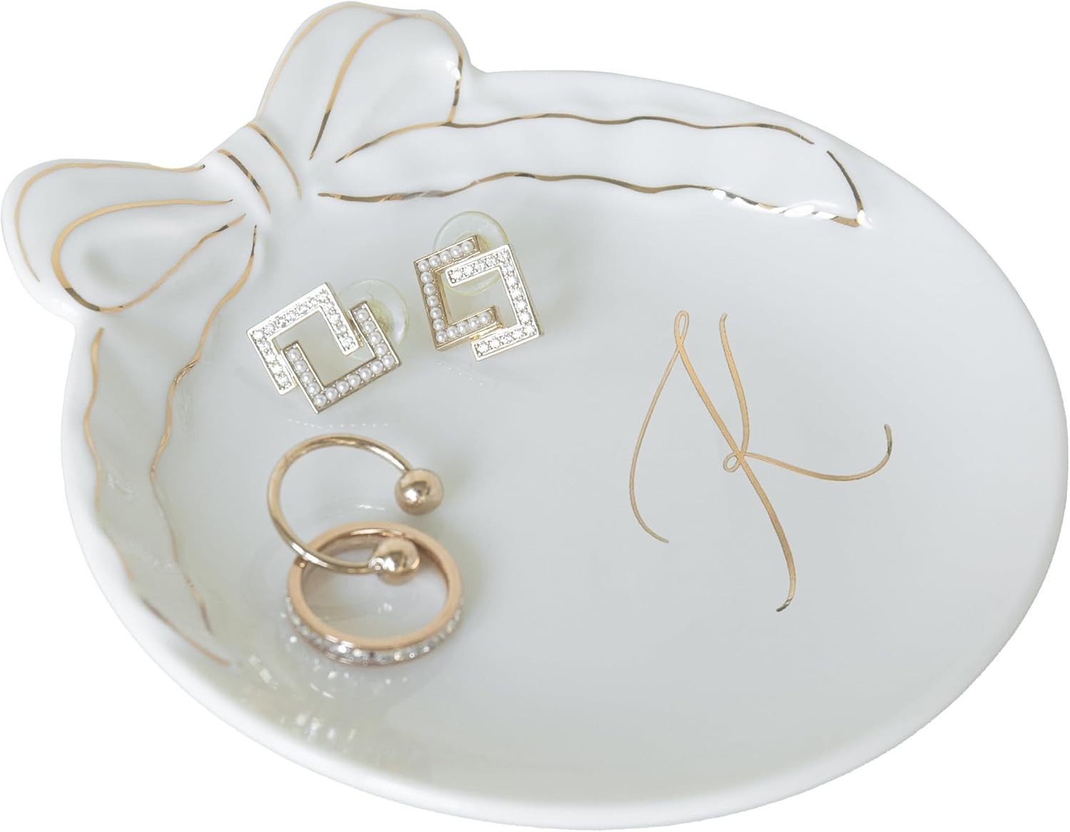 Ceramic Jewelry Tray, Monogram Trinket Dish with Bow (K) | Mothers Day Graduatio