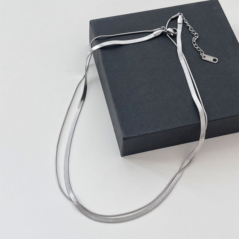 Woman Gold Silver Stainless Steel 2 Layers Snake Herringbone Chain Necklace PE6