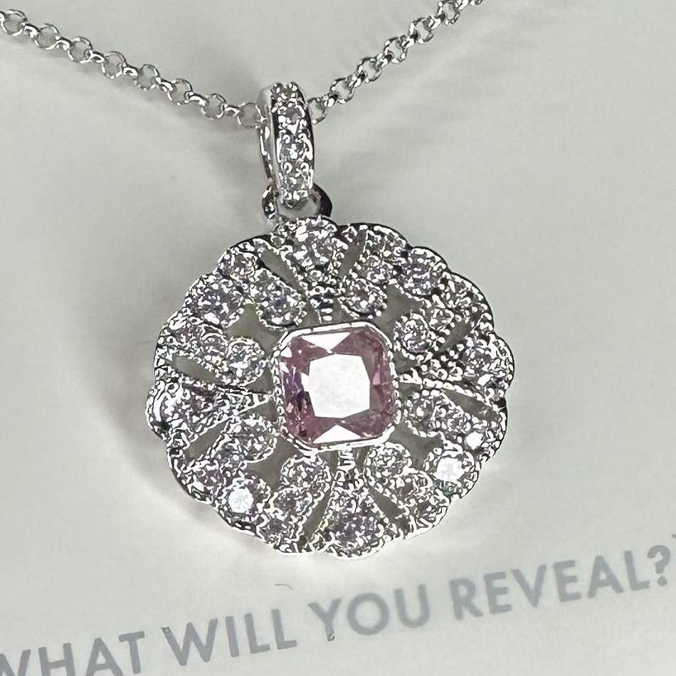 Bomb Party Necklace- 5716- Simulated Pink CZ- Rhodium Plated
