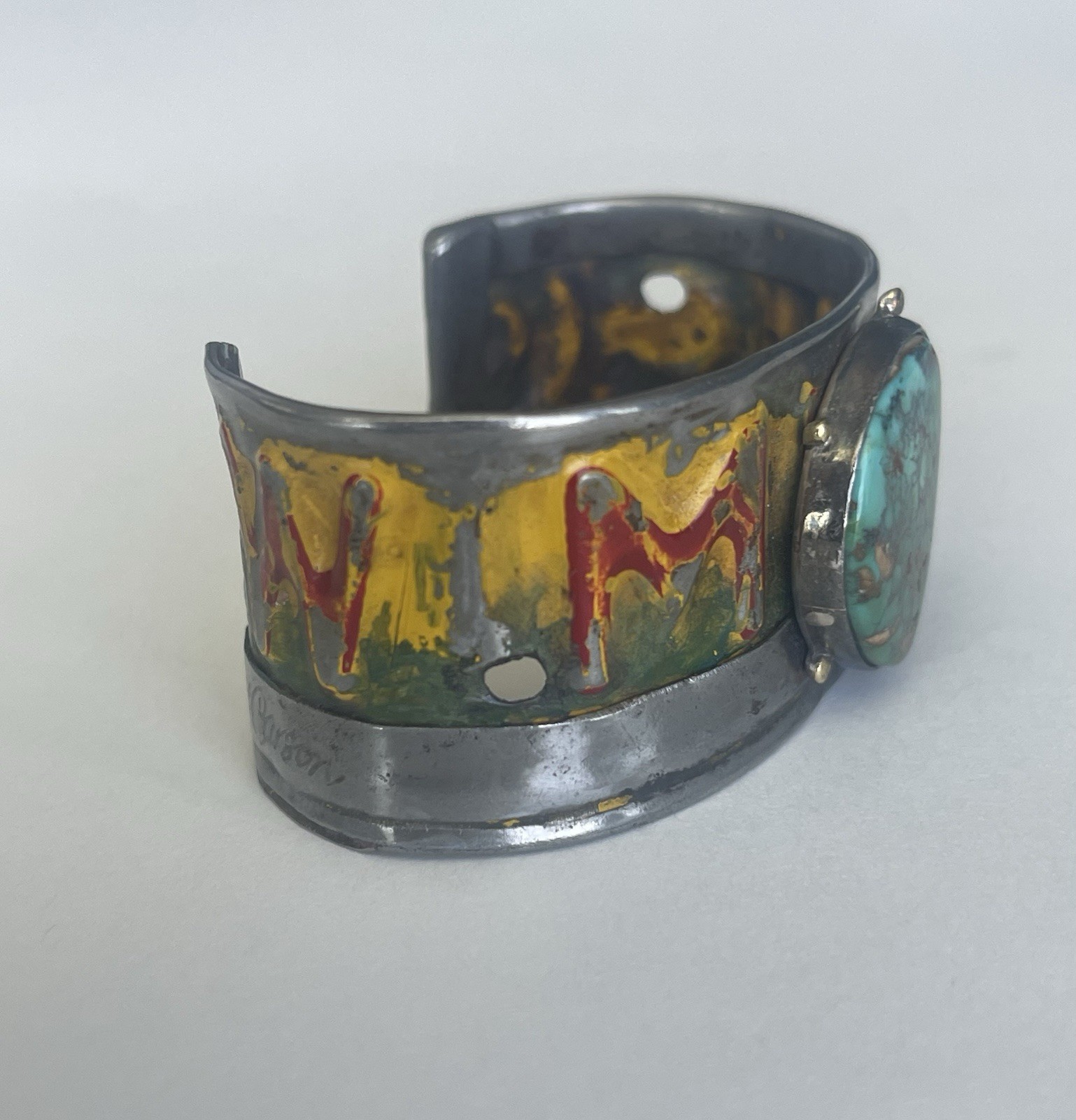 Kit Carson New Mexico License Plate Cuff Bracelet Turquoise 18k accents artisan
