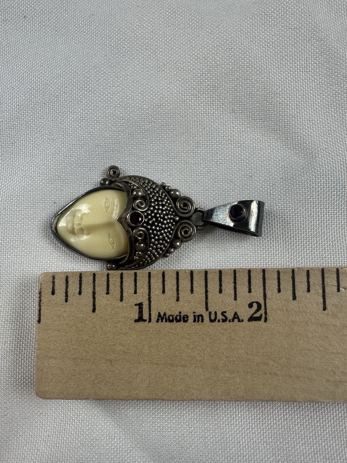 Vintage Sajen Sterling Silver 925 Carved Face Goddess Red Gemstones Pendant 2″
