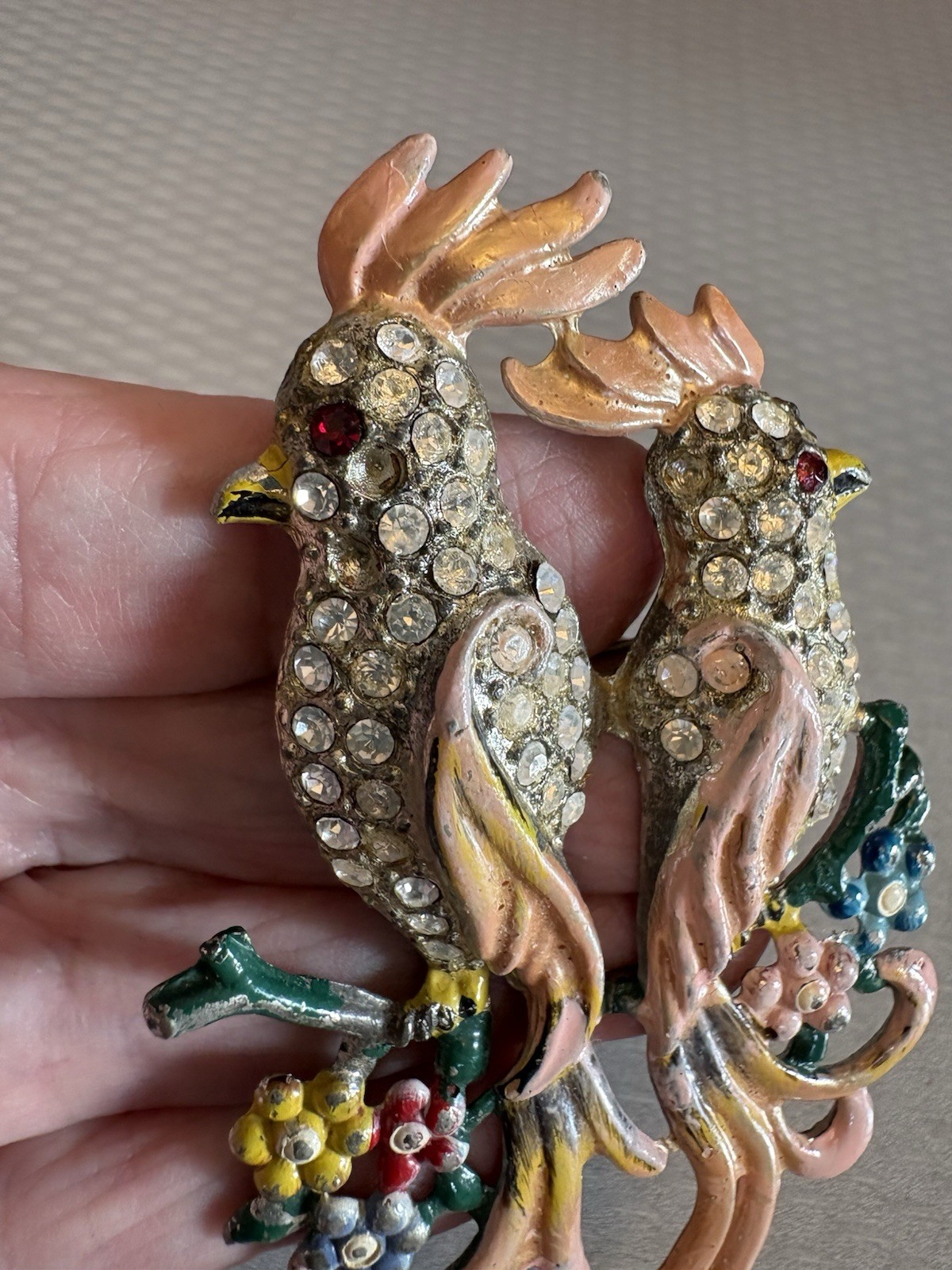 Unsigned Coro 40s Vintage Bird of Paradise Pair Brooch Pink Enamel Rhinestone