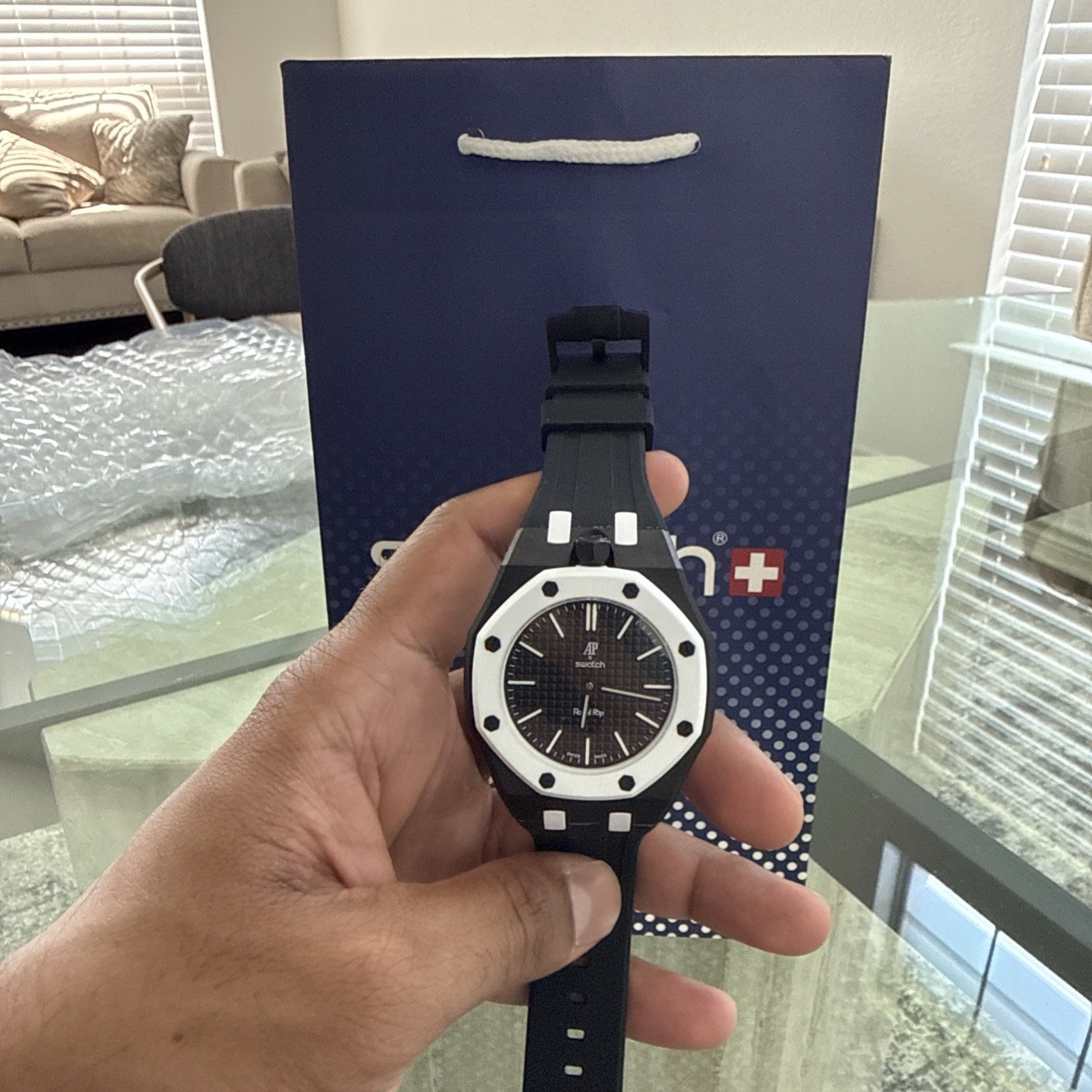 Swatch Irony Quartz Analog Wristwatch Black Dial Rubber Strap Date 44mm