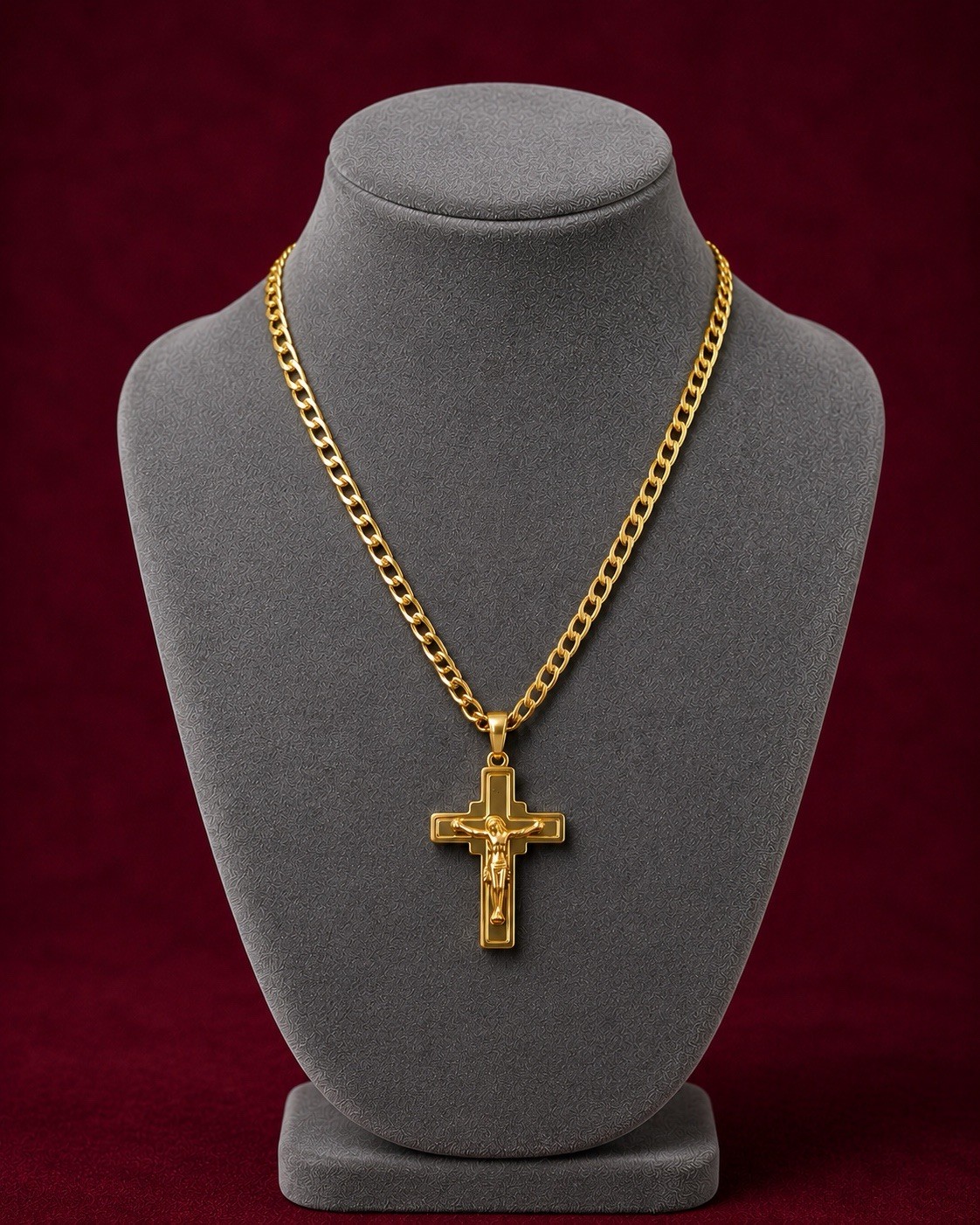 Yellow Gold Plated Cuban Link Chain Cross Charm Pendant Necklace Religious