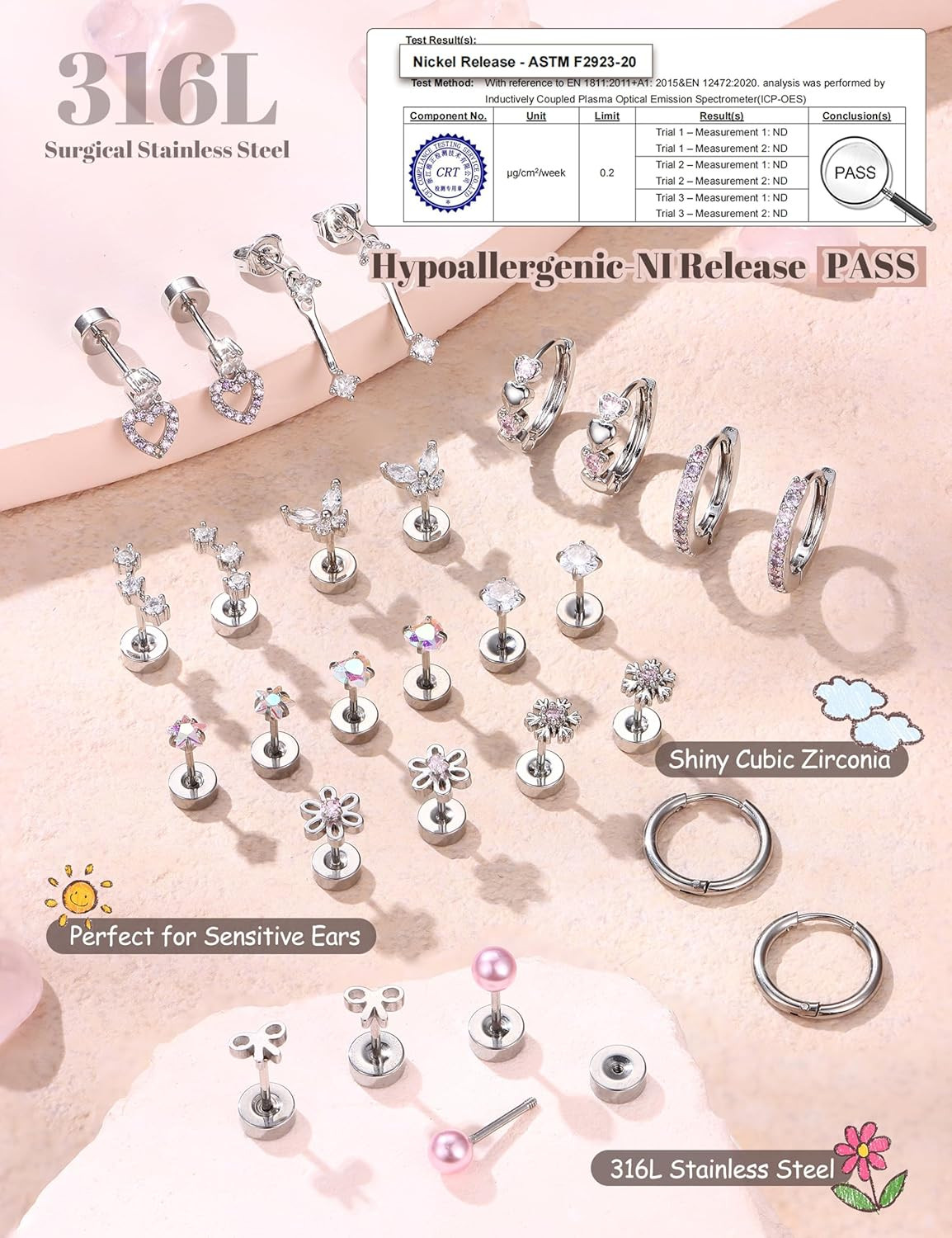 Hypoallergenic Flat Back Earrings for Women Girls-Surgical Stainless Steel Earri