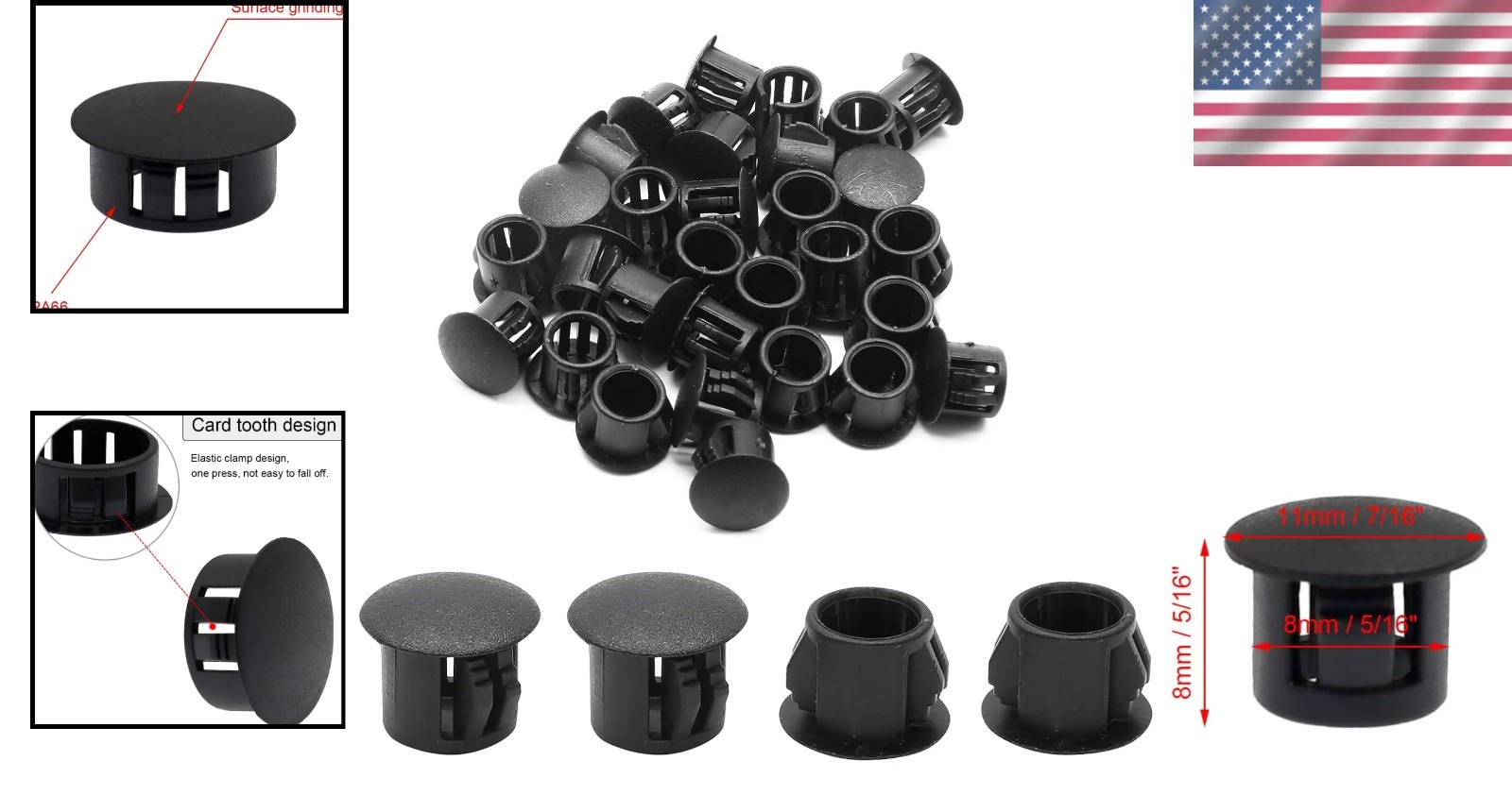 30PCS Black Plastic Hole Plugs 8mm | Flush Type Snap-In End Caps for Furniture