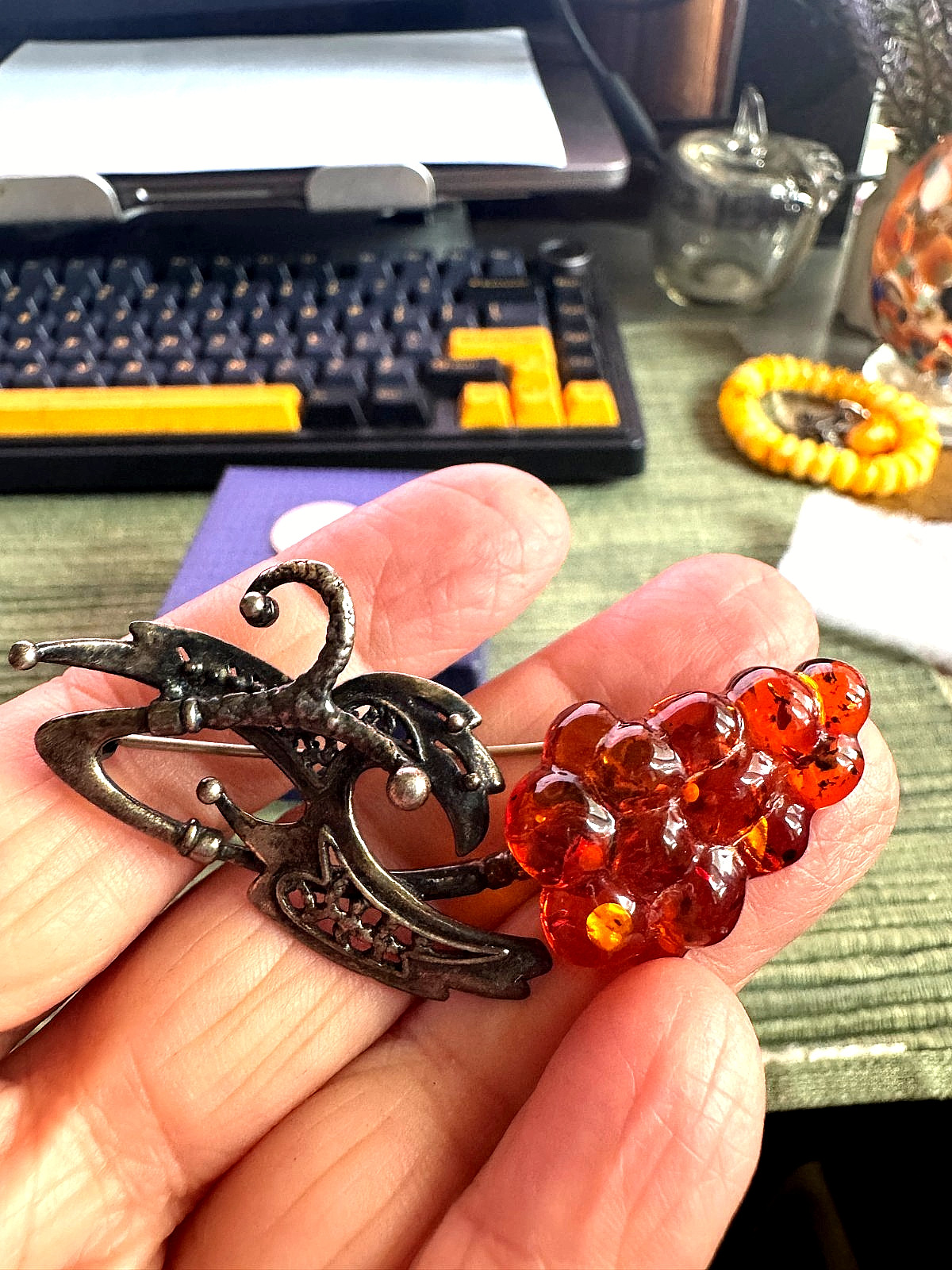 Vintage Soviet Baltic Amber & Silver Grape Bunch Brooch/Pin USSR