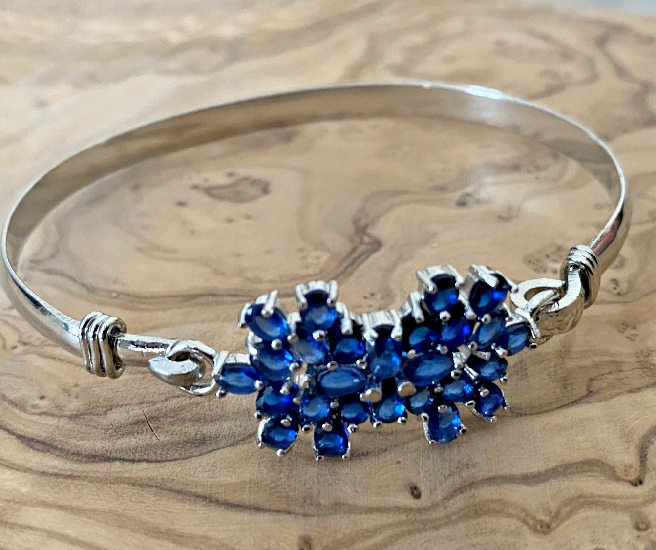 Blue Tanzanite Glass Floral Bangle Bracelet, 925 Sterling Silver, 2.8 in W
