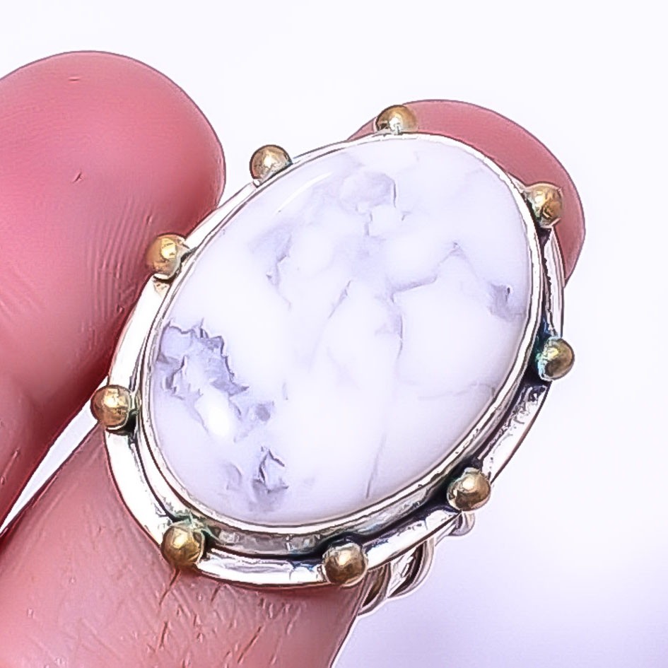 Howlite – Usa Gemstone 925 Sterling Silver Two Tone Gold Plated Ring s.8.5 A330