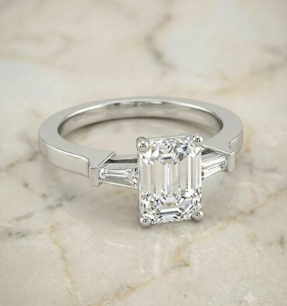 IGI 2.70Ct Emerald Cut Lab Grown Diamond Three Stone Wedding Ring 14K White Gold