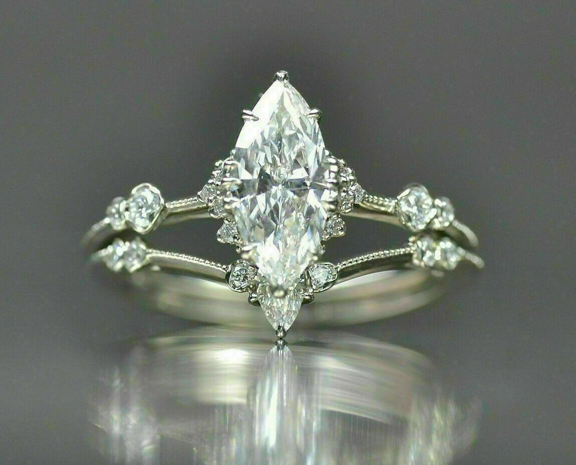 14k White Gold Over Engagement Bridal Ring 2.52 Ct Marquise Lab Created Jewelry