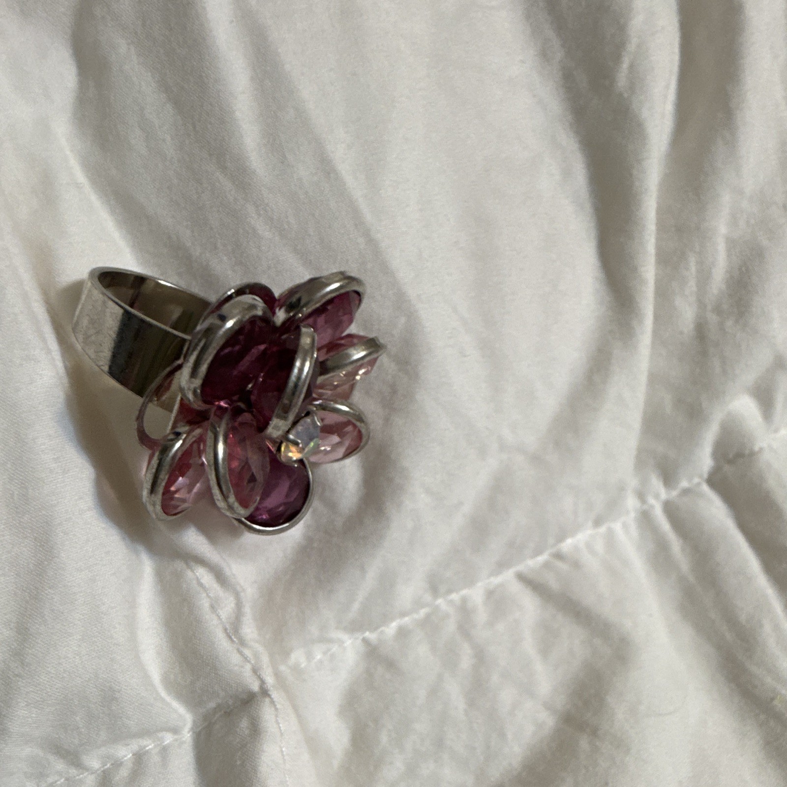 Silver Tone Pink Crystal Flower Cocktail Ring Size 8.5 Oval Bezel Set