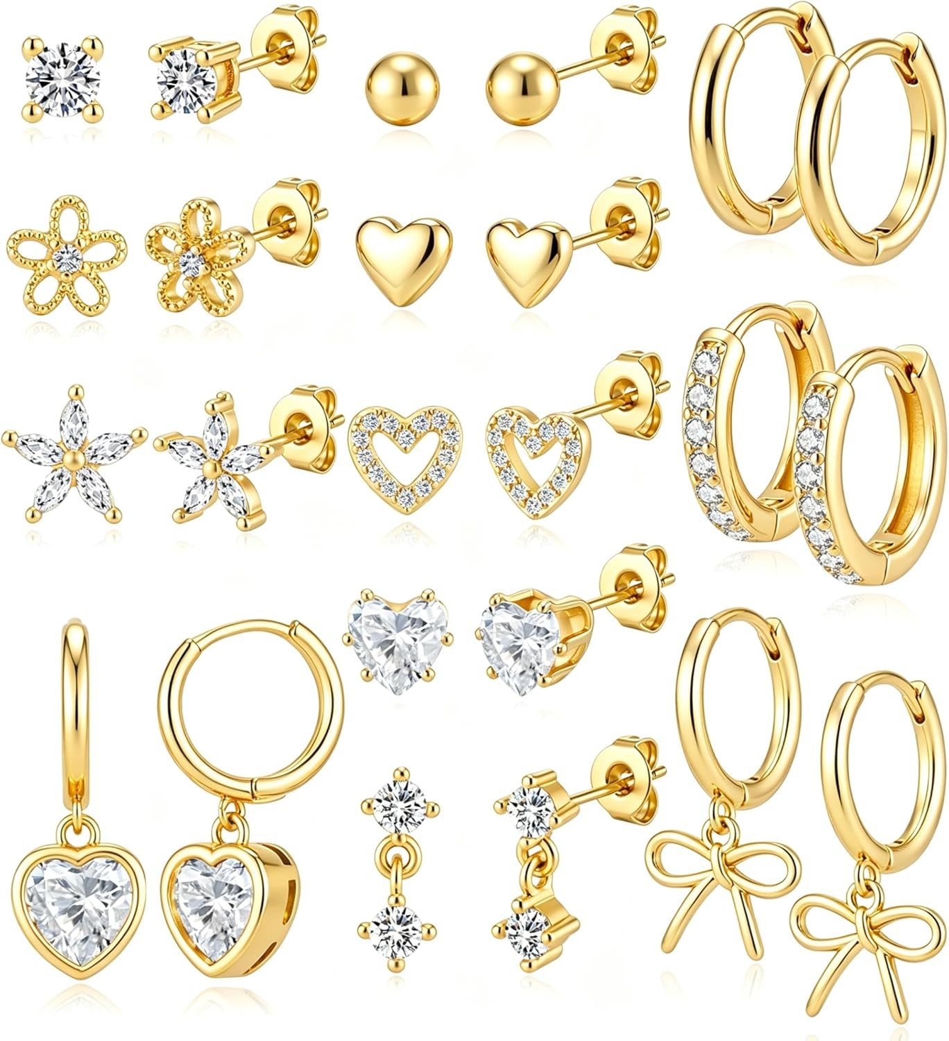 12 Pairs Small Stud Hoop Earrings Set for Women – 14K Gold Plated Huggie Hoops H