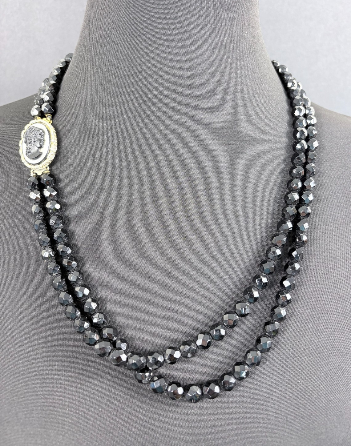 Black Glass Beaded Necklace Double Strand Cameo Clasp Art Deco French Jet Vtg