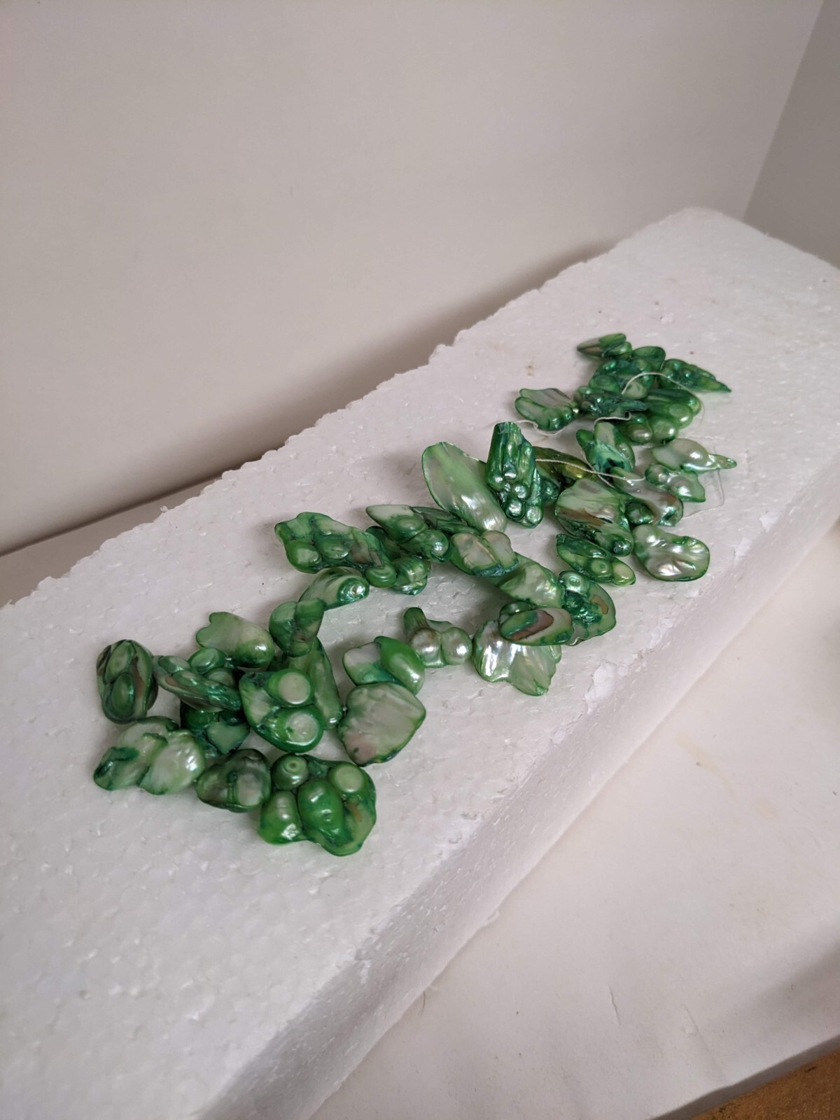 Shamrock Green cultured pearls 26×13 baroque beads 15in strand new B190