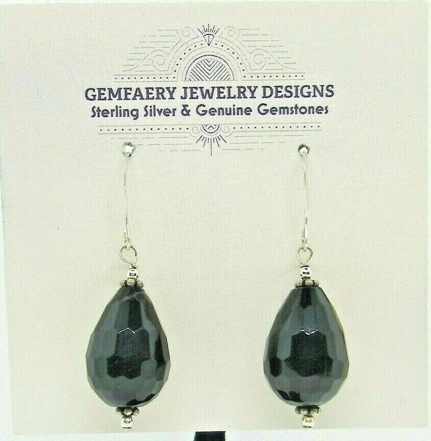 Sterling Silver Faceted BLACK ONYX Teardrop Dangle Earrings #2141…Handmade USA