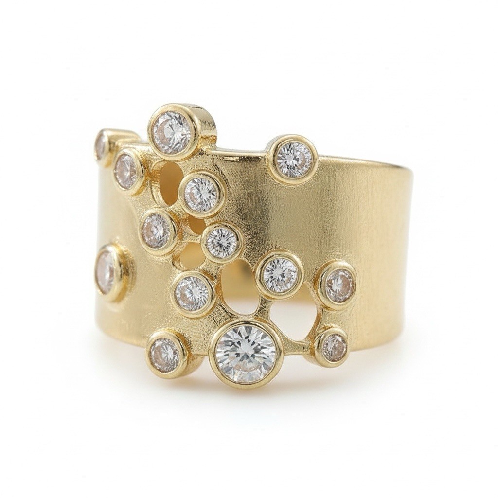 Ettika Gold Crystal Cluster Sz 8 Ring Wide Constellation Statement Boho Retro CZ