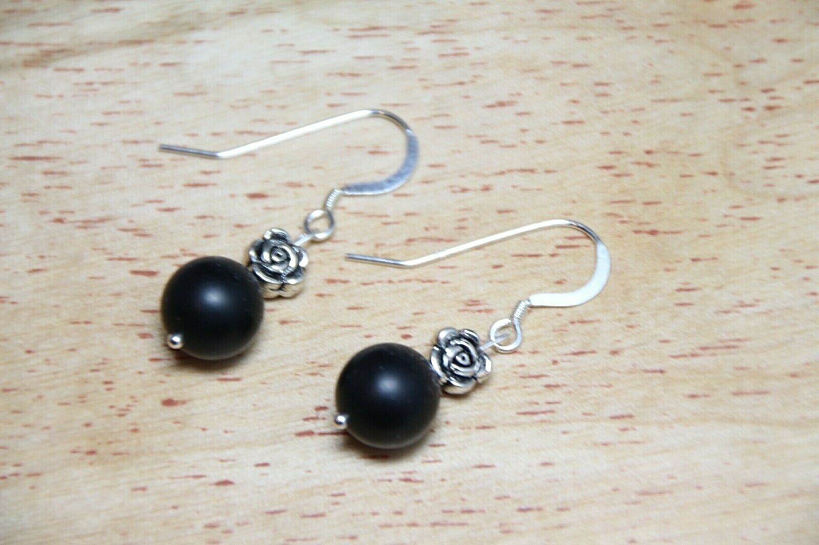 Graphite Black 10mm Ball Natural Gemstone Earrings .925 Sterling Silver 1 1/2″