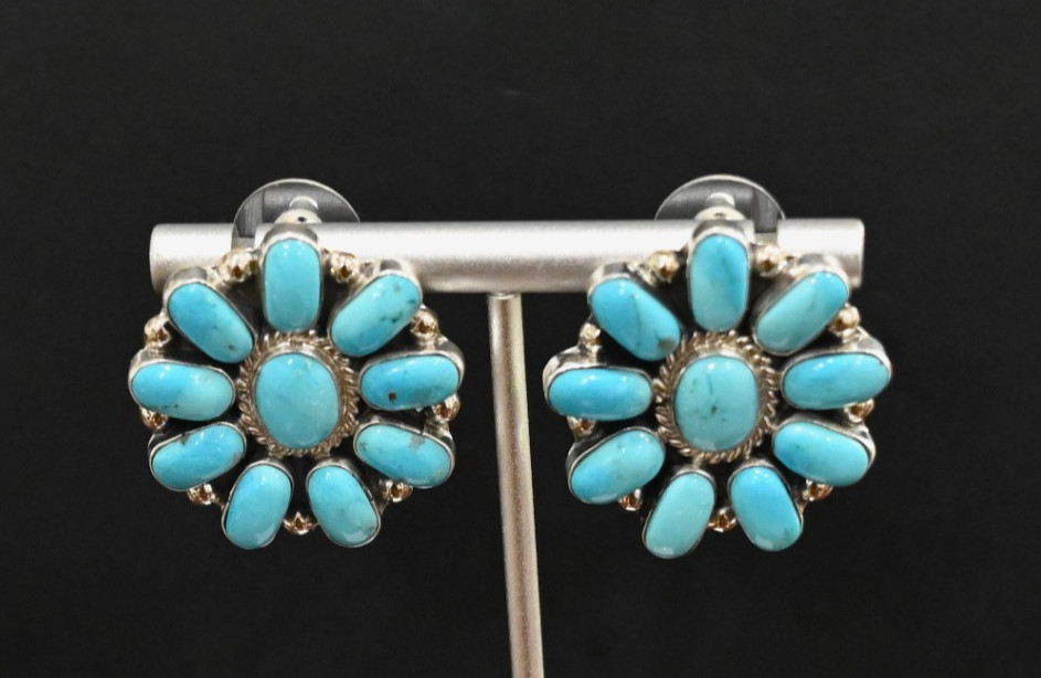 New BIG Navajo earrings by D. Benally Blue Turquoise & Sterling 13 grams 1.25″