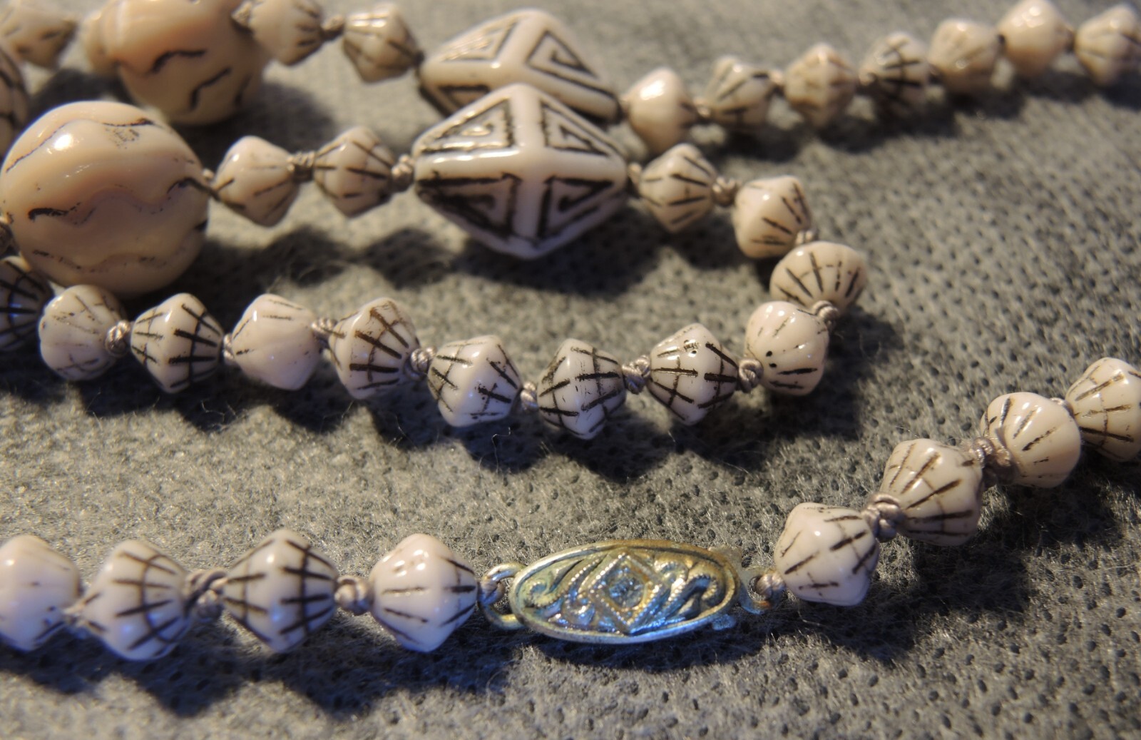 Rare Antique Czech Bohemian Molded Cream Glass Beads Necklace, Knotted