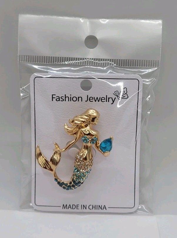 Gold-Tone Mermaid Brooch with Blue Gem – Rhinestone Tail & Top – Ocean Fantasy