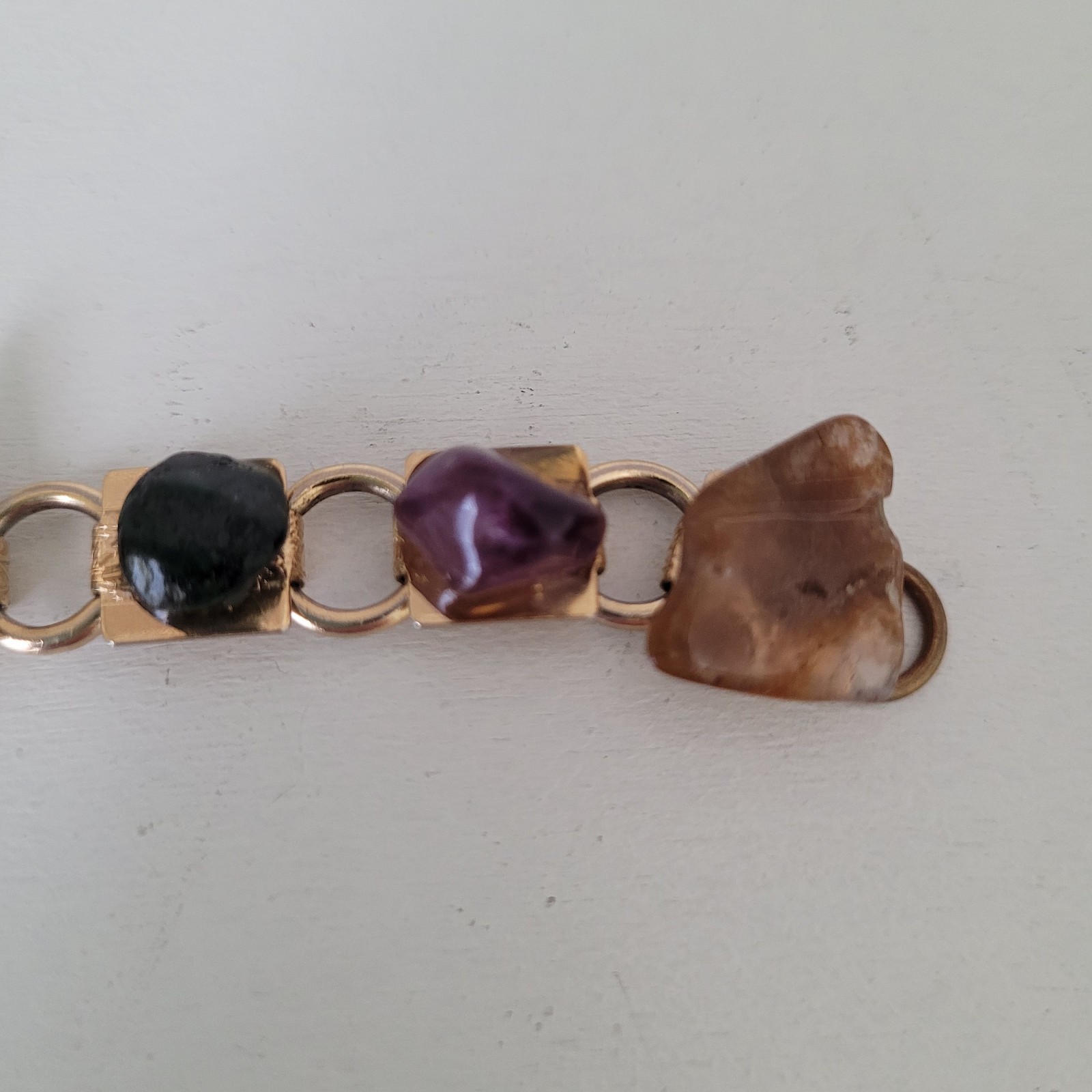Vintage Gold-Tone Link Bracelet with Polished, Multi-Colored Natural Stones