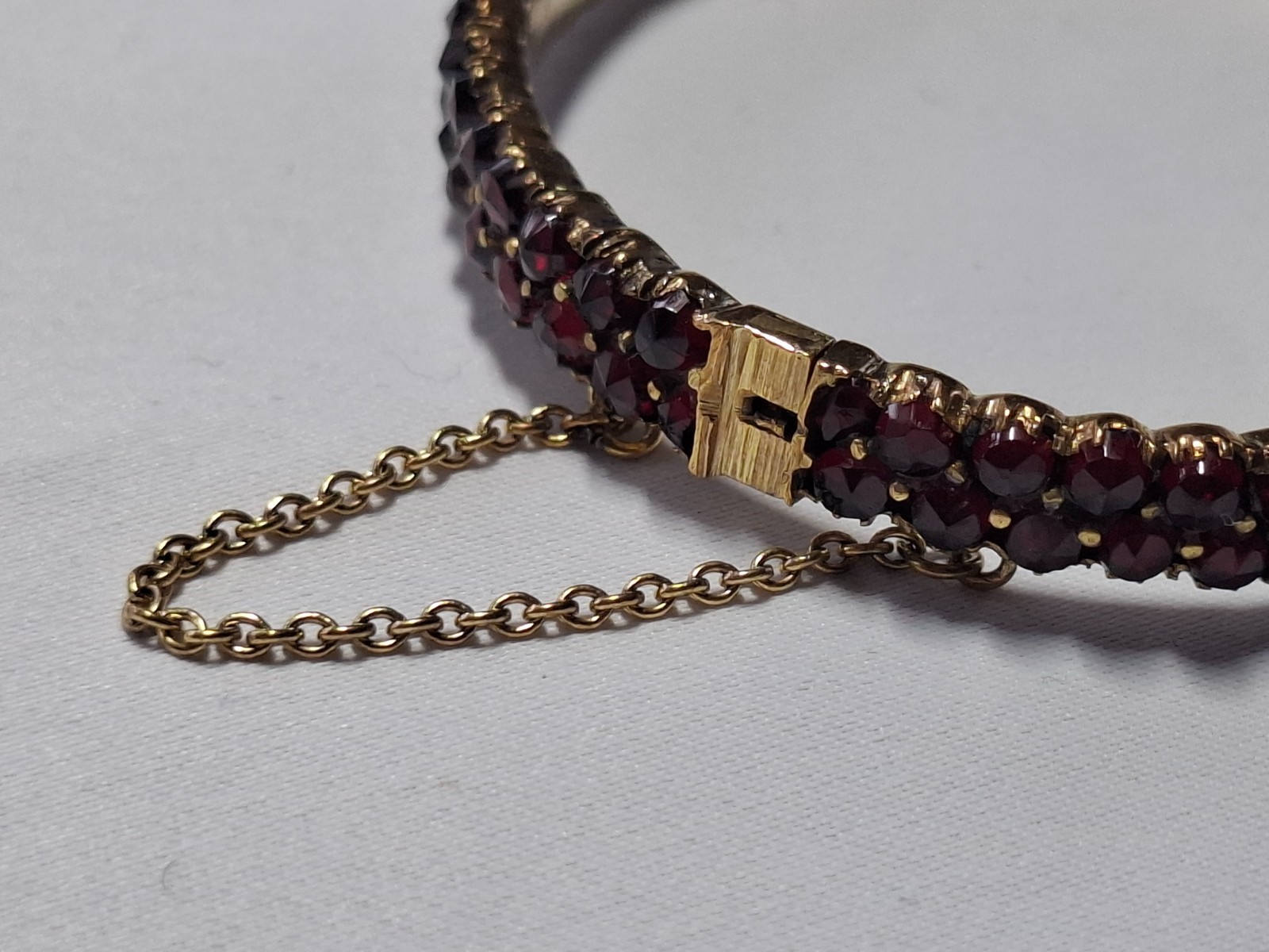 Solid Antique Gold Plated Bangle With Safety Clasp Red Garnets