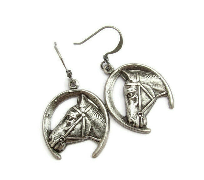 Horse Earrings Horse Shoe Lucky Charm Antiqued Silver Plate Hawaiibeads Earrings