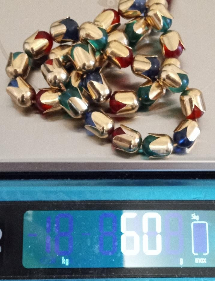 Vintage Gold Tone Red Blue Green Glass Bead Necklace 19″ Modernist Statement