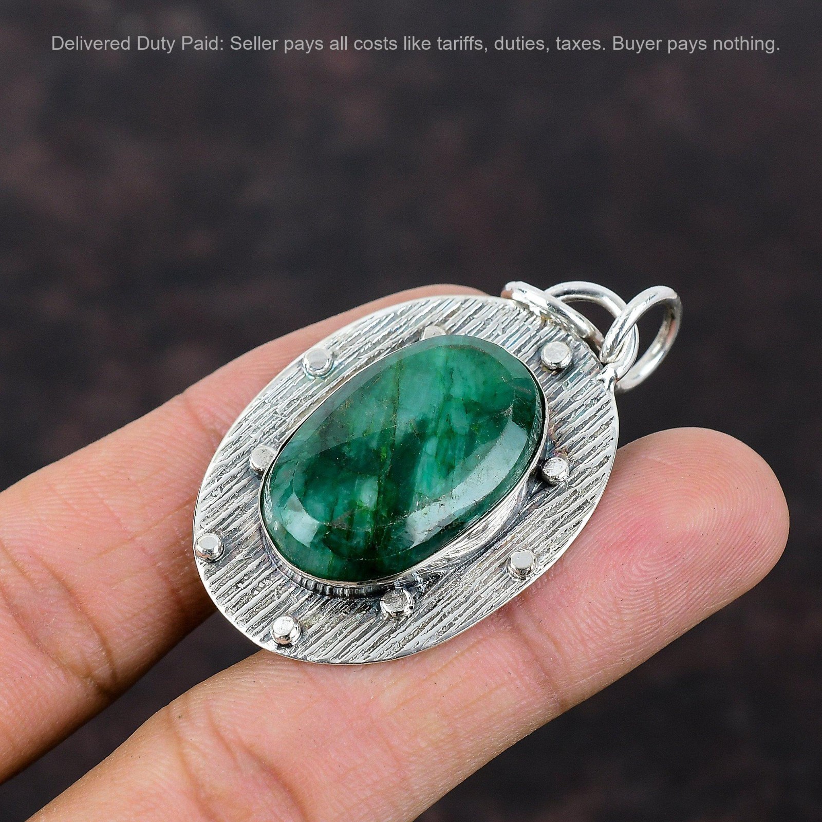 925 Sterling Silver Oval Zambian Emrald Gemstone Mother Handmade Wedding Pendant