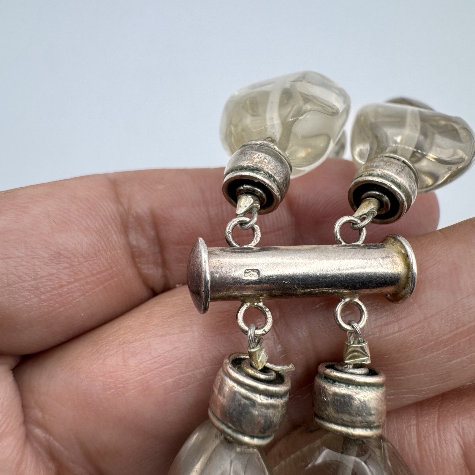VTG Sterling Silver Light Smoky Quartz Heavy Double Strand Beaded Necklace 15″