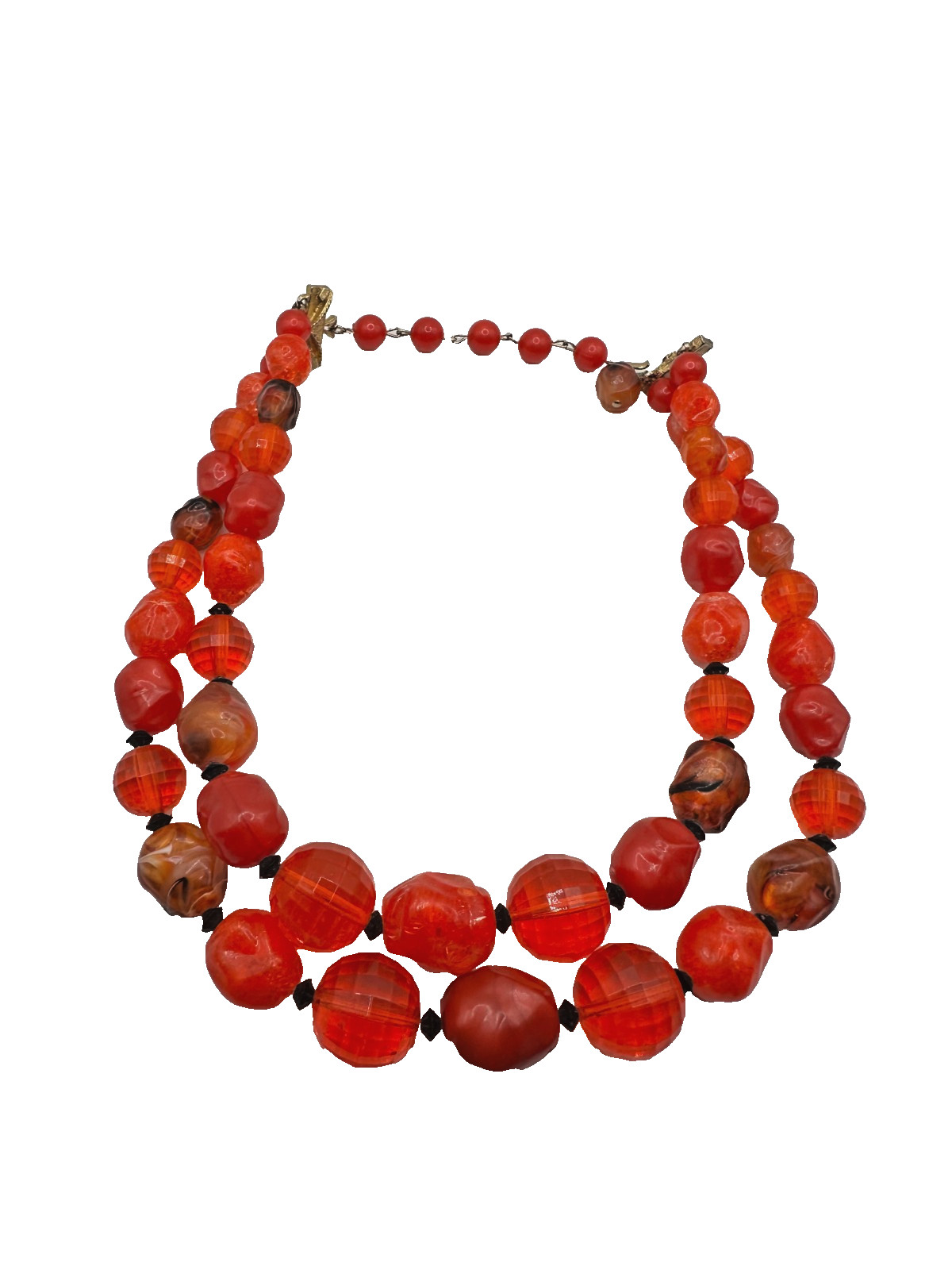 Gorgeous Signed Coro 2 Strand Beaded Choker Necklace Lucite Vintage Red Orange