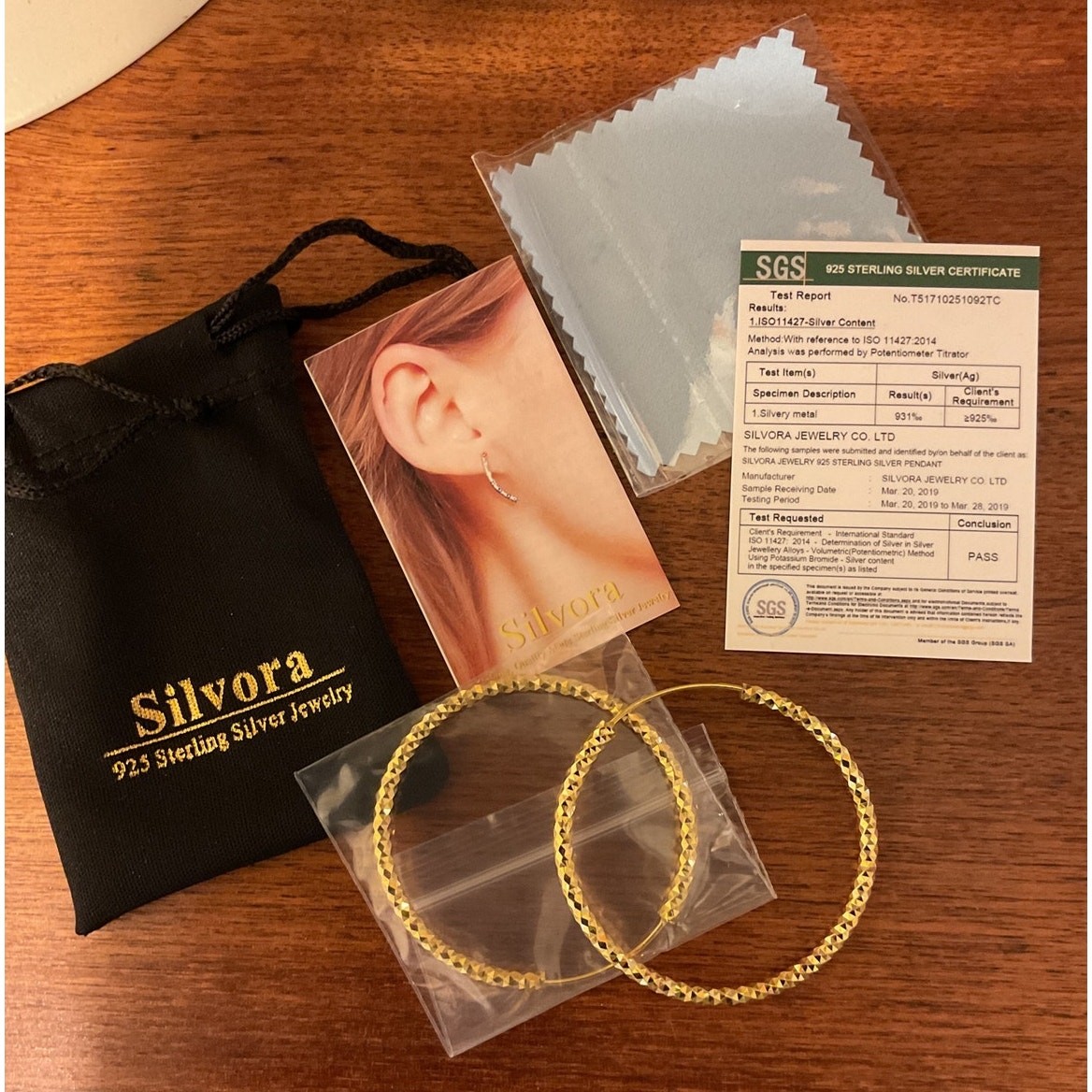 NWT Silvora .925 Silver Gold Hoop Earrings Boxed Cleaning Cloth Gold Hoop