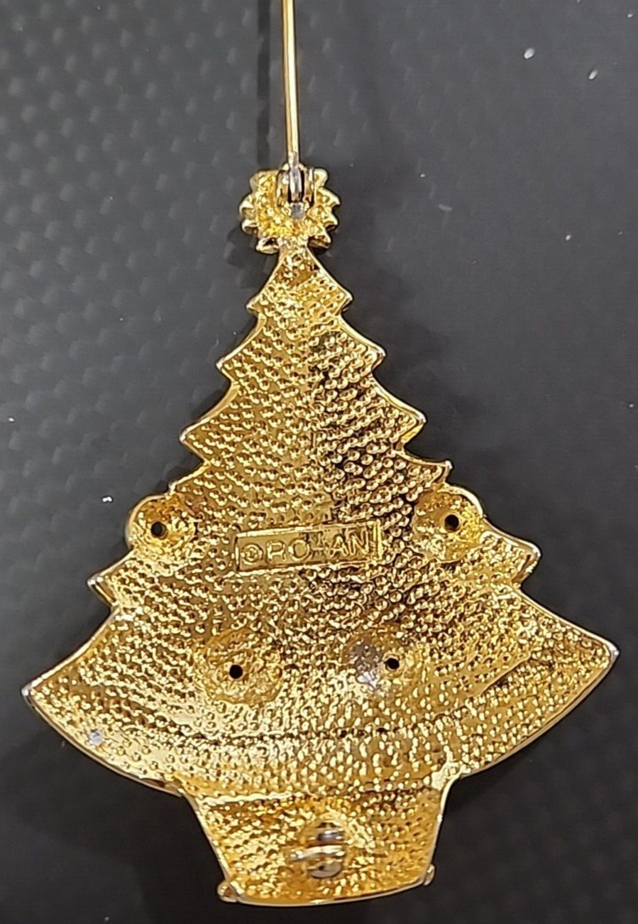 Brooch Christmas Tree Green Gold White Red Holiday Enamel or Metal Pin 2 1/2″