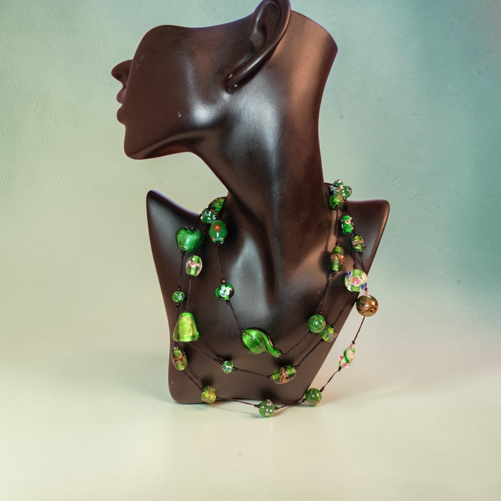 Vintage Green Glass Beaded Necklace Black Cord Chain Approx. 29-30 in