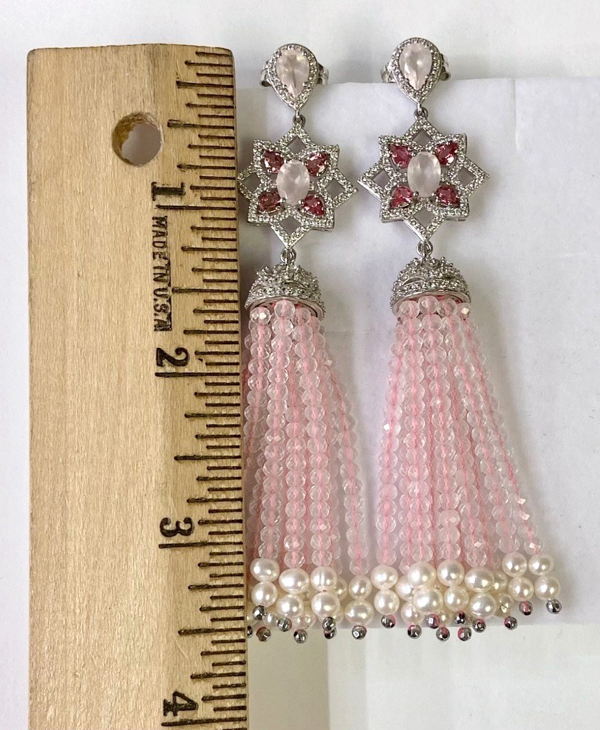 QVC Sterling Silver 7.25ct Rose Quartz Tassel Drop Earrings