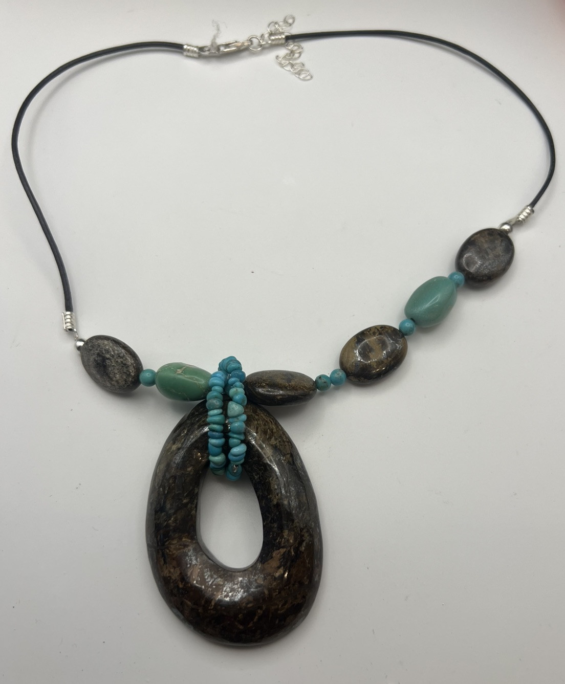 Sterling 925 FAS SOUTHWESTERN BRONZITE & TURQUOISE STONE Cord NECKLACE 16-19”
