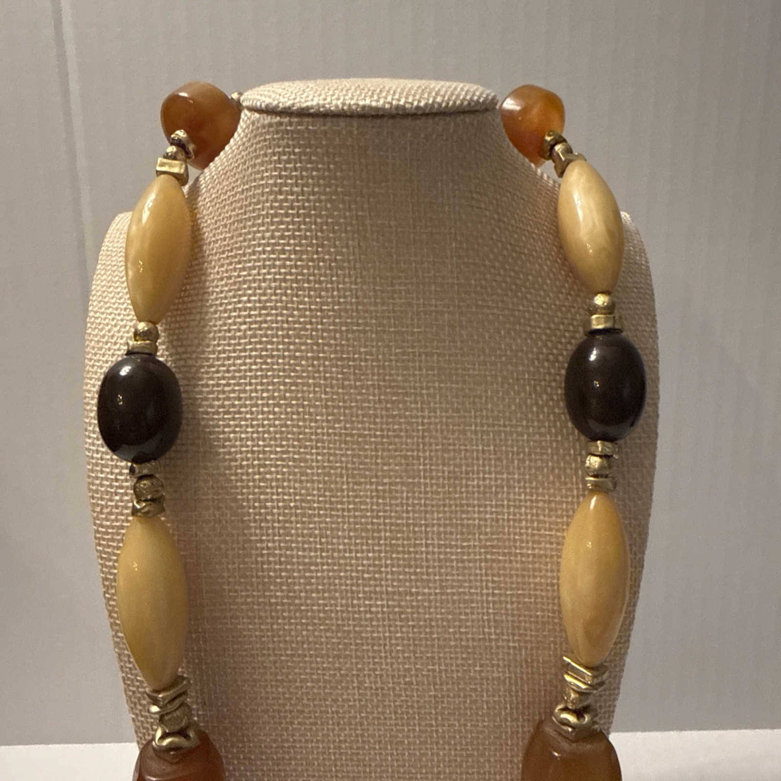 Vtg Amber & Lucite Earth Tone Bead Long Strand Necklace Retro Boho Chic 23” Adj.