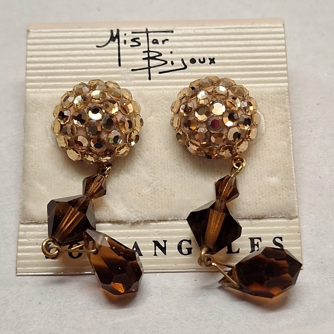 MISTER BIJOUX Round Brown Gold Tone Clip On Earrings 2″ Dangle Sparkle Rhineston