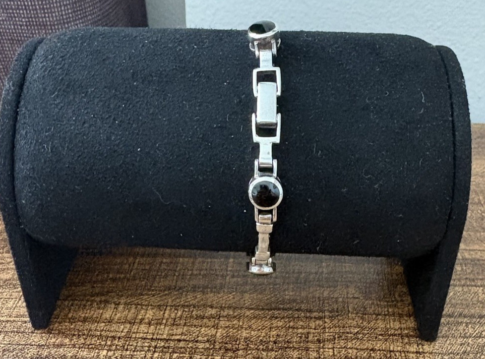 Onyx 6 Round Black, Sterling Silver 925, Bezel Link Bracelet w/Fold-Over Clasp