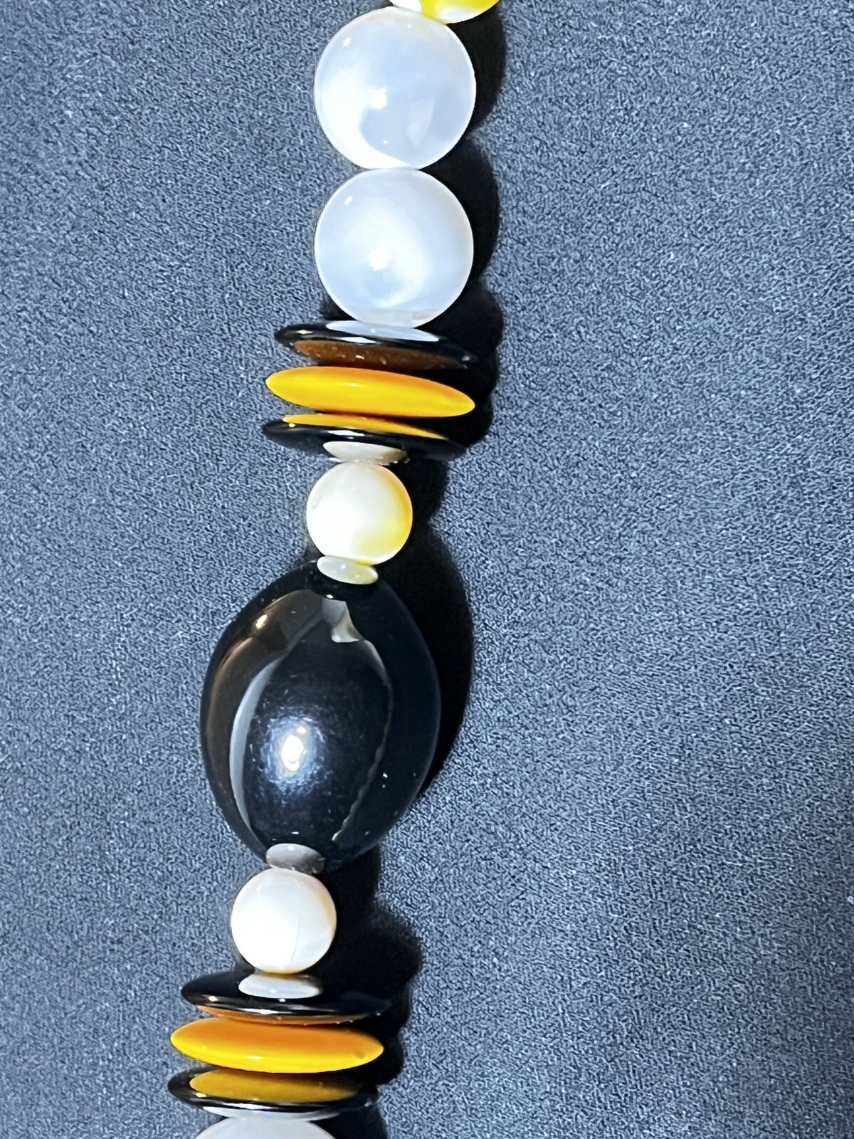 Vintage 1970’s Black Yellow White Clear Lucite Bead Necklace 31” Long