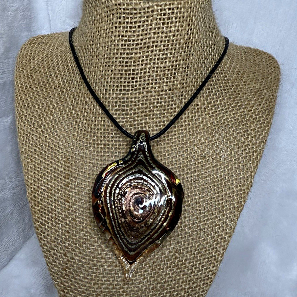 Stamped Murano “VS” Gold & Black Glass Pendant On Leather Cord w/ 925 Clasp