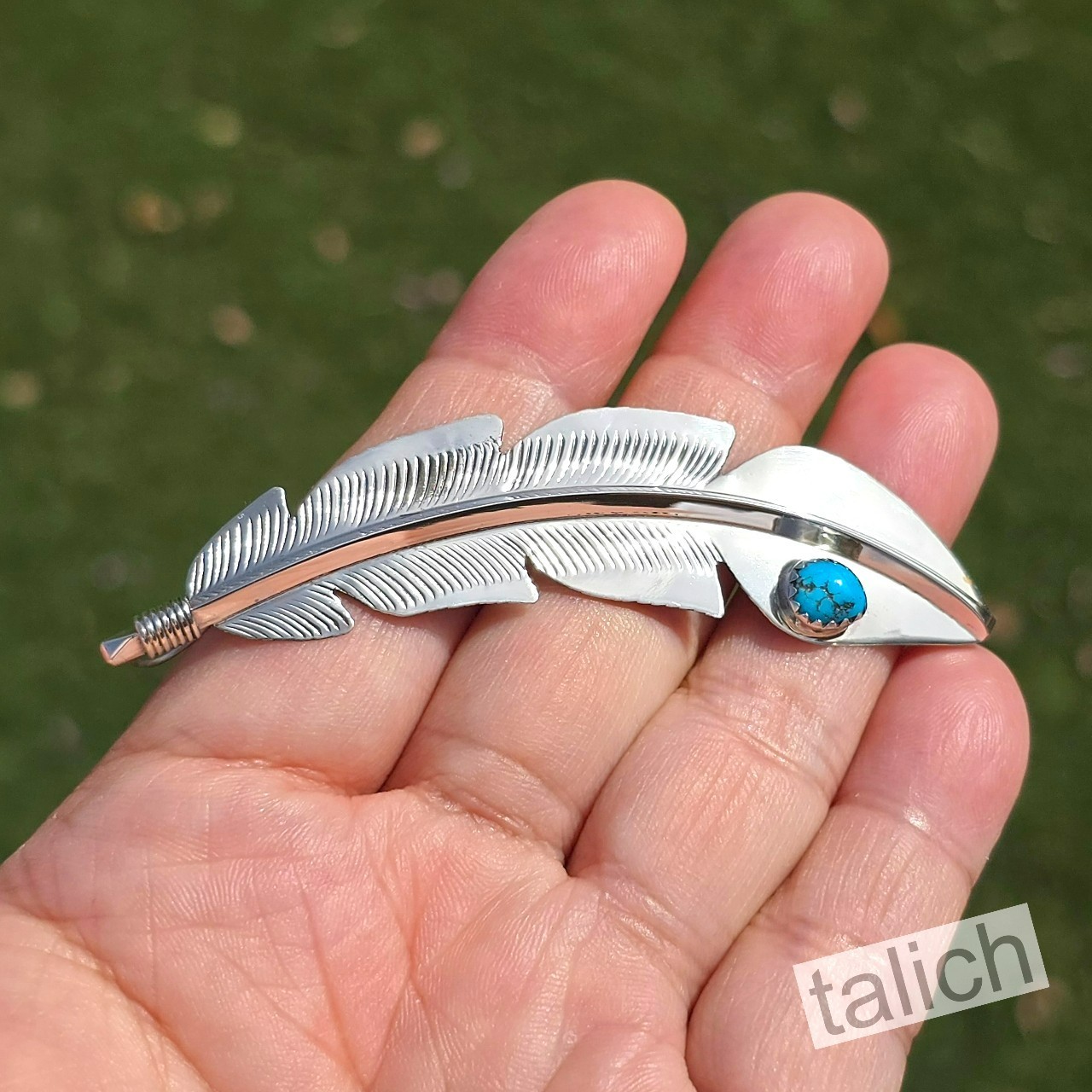 Navajo Billy Long Shiny Sterling Silver Blue Turquoise Large Feather Pendant