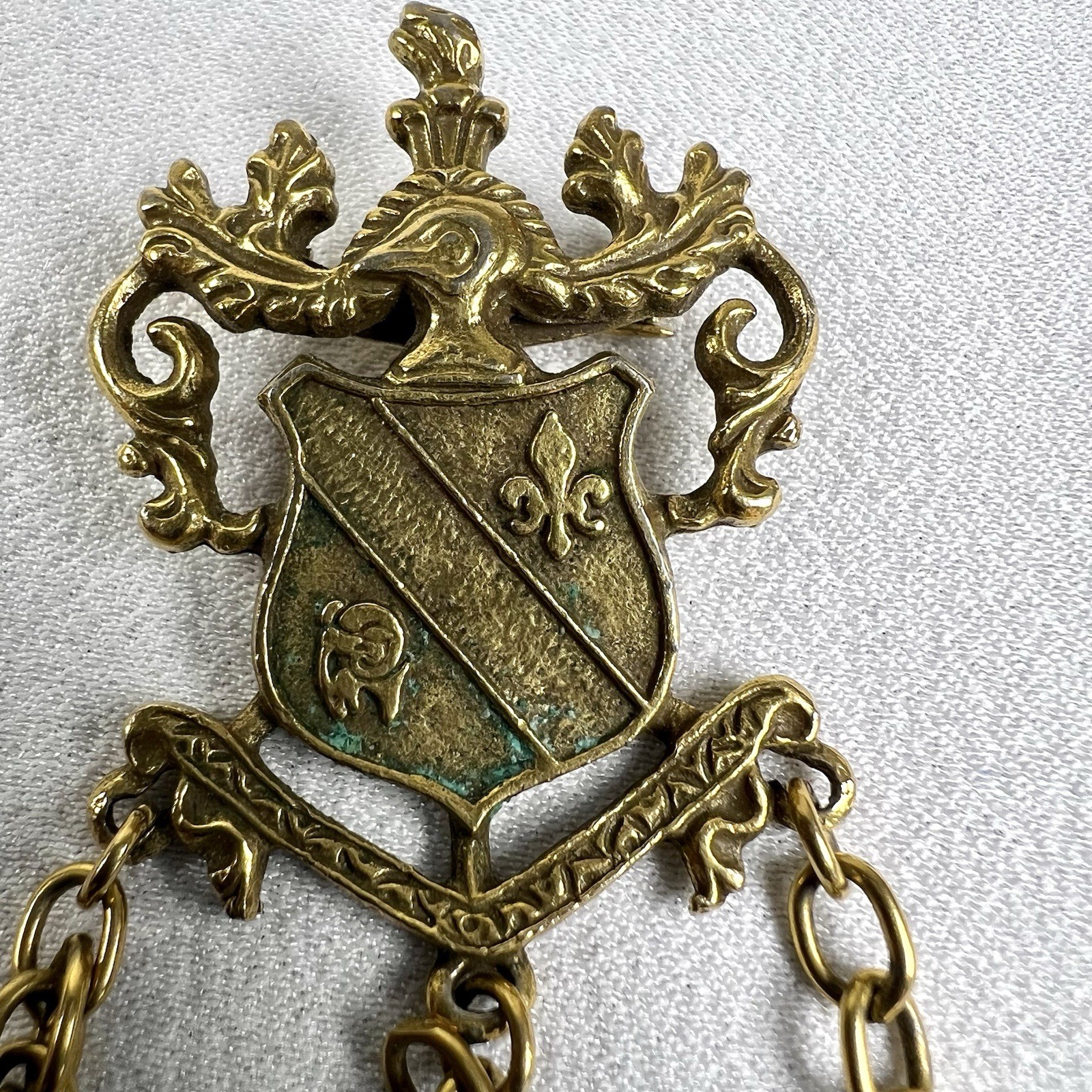 VTG Coro Chatelaine Brooch Gold Fleur de Lis Shield Eagle Royal Lion Heart Crown