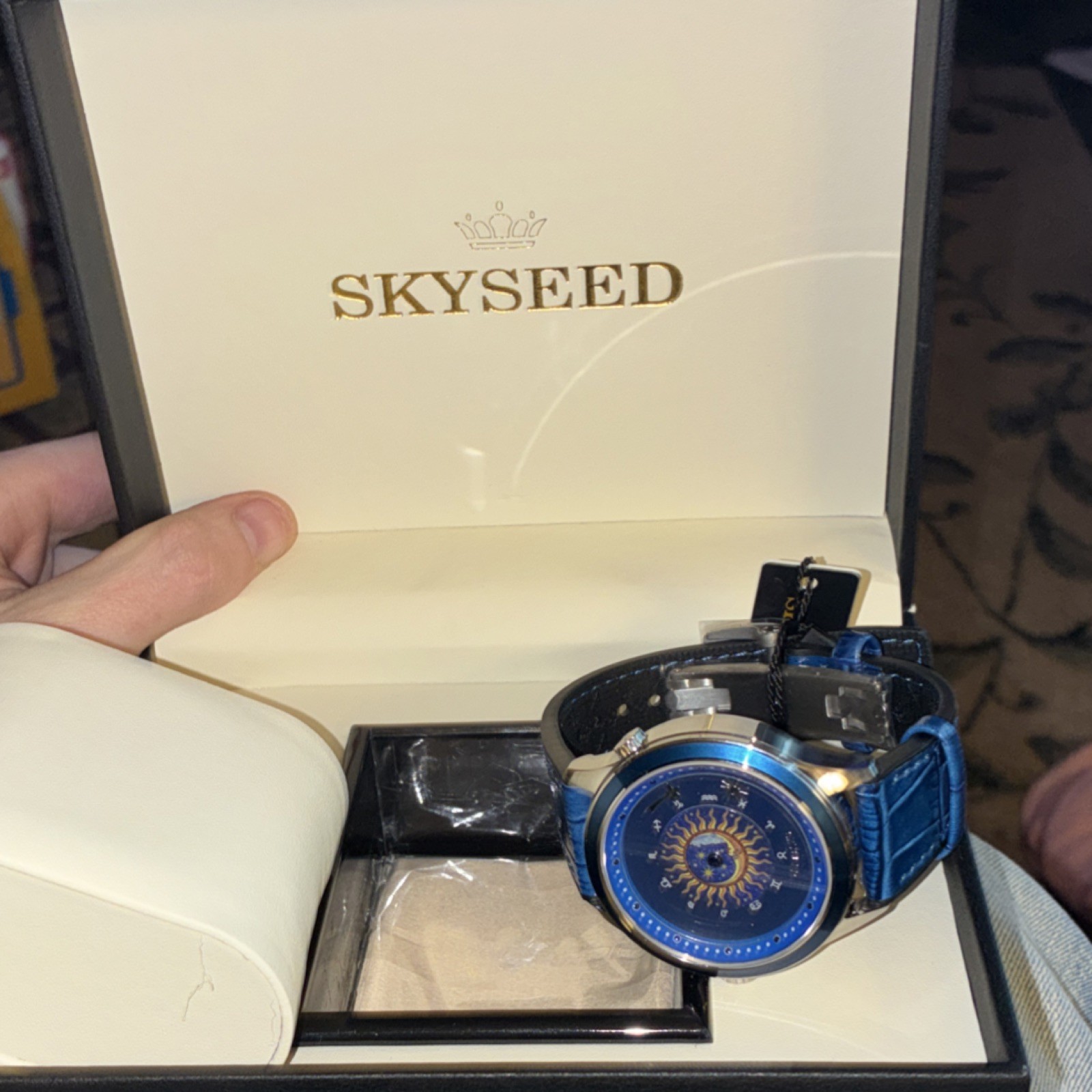 SKYSEED Celestial Blue Automatic Wristwatch, Exhibition Caseback, Leather Band