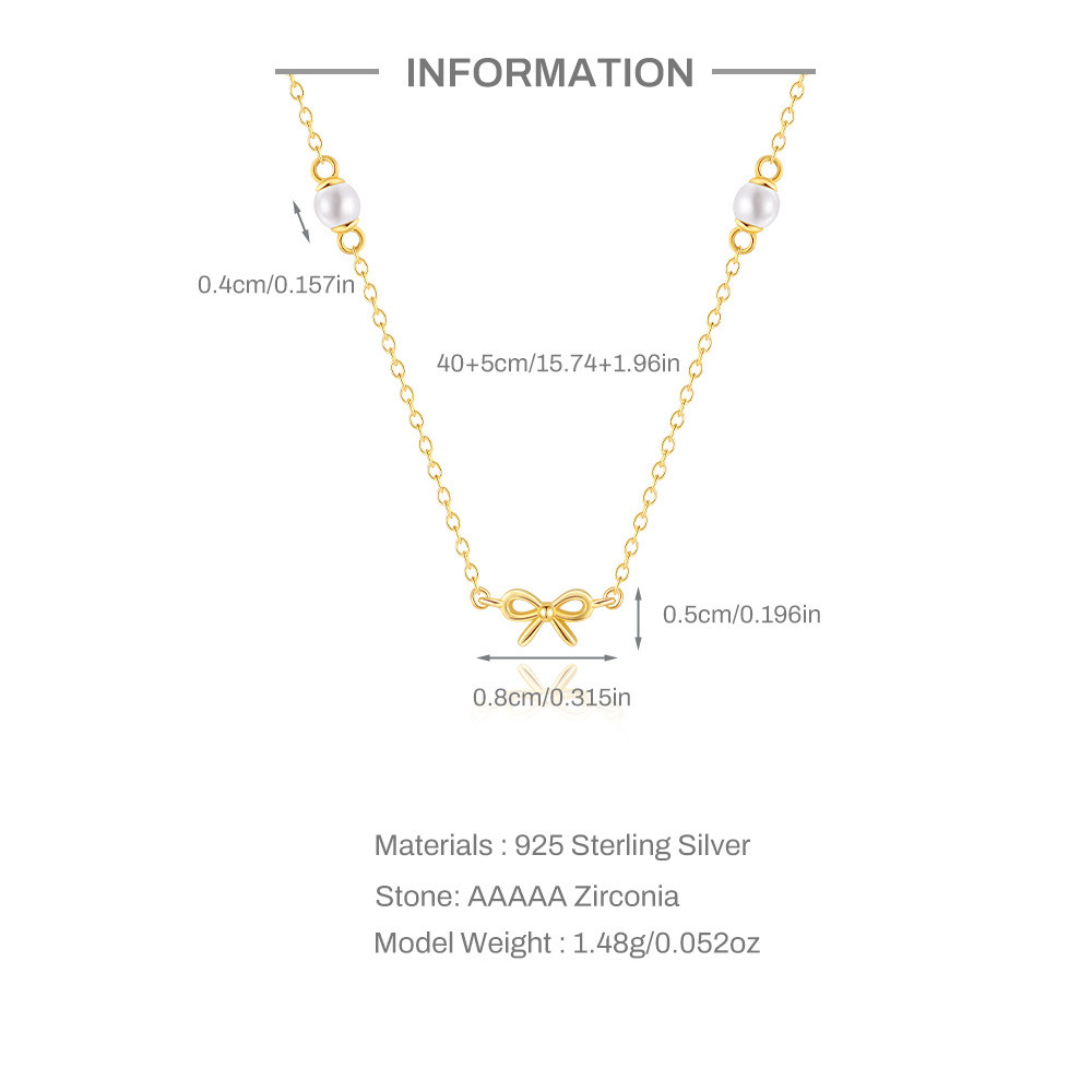 Gold Plated 925 Sterling Silver Faux Pearl Bow Pendant Necklace for Women