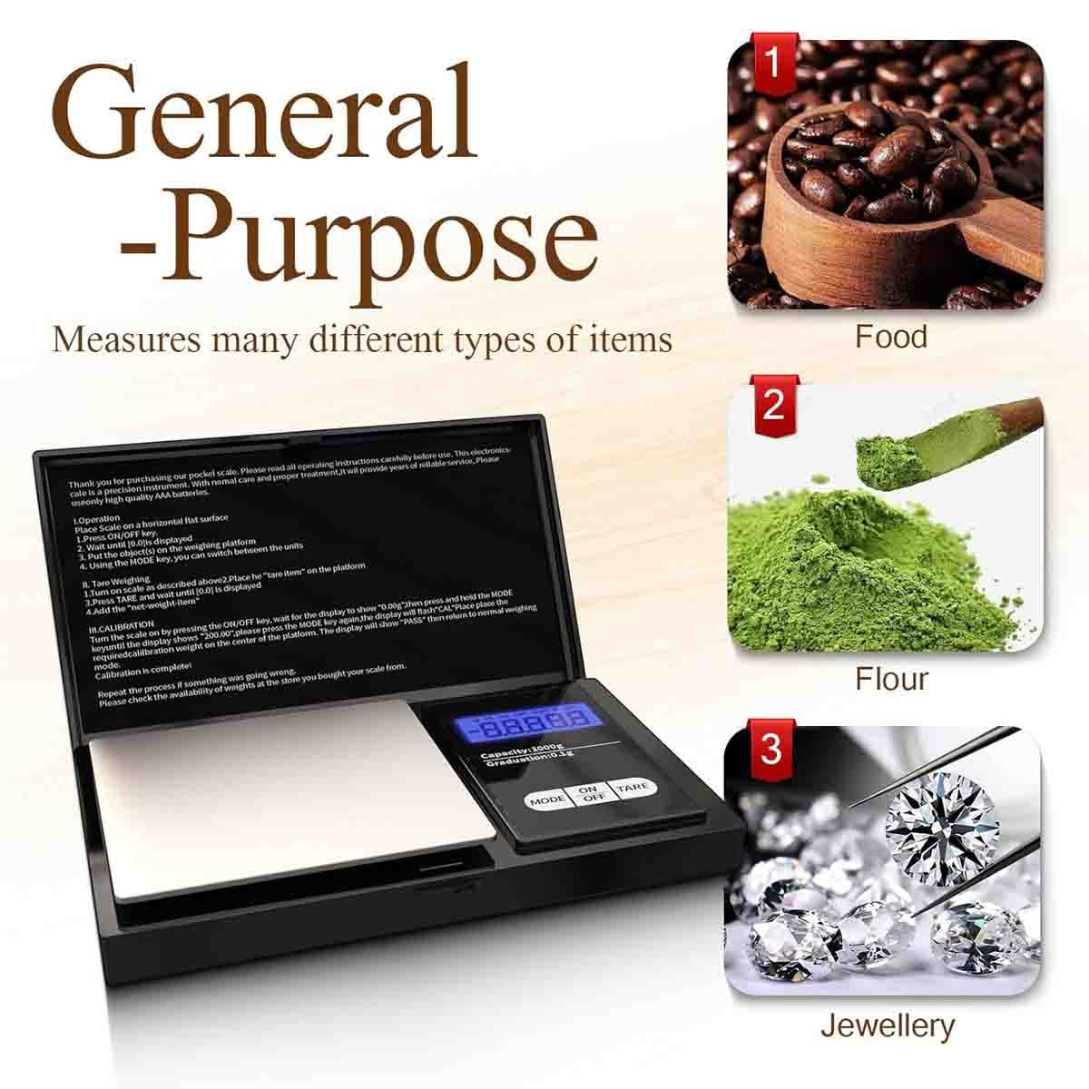 Digital Pocket Gram Scale 1000g x 0.1g, for Food, Jewelry, Grains, Tare Function