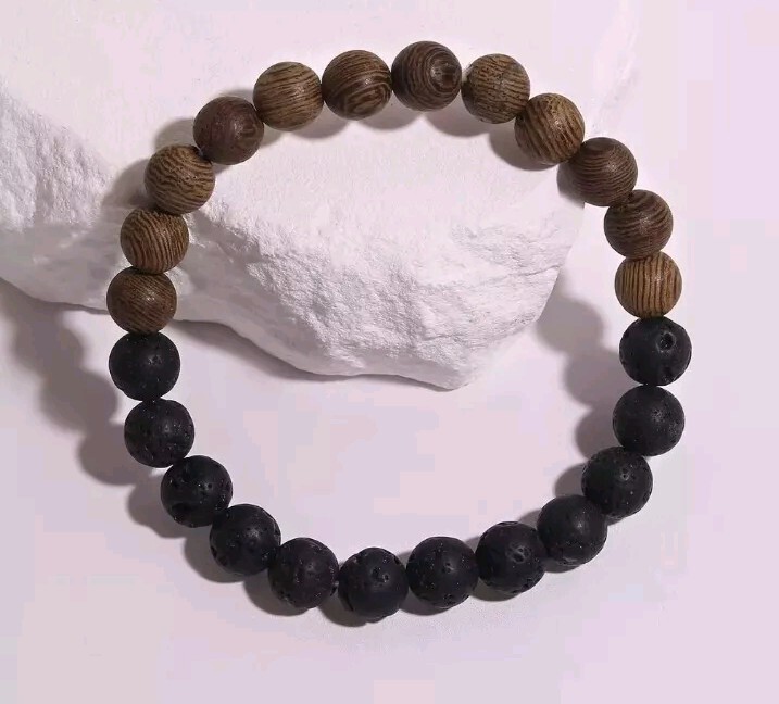 Lava Stone/Wood Grain Elastic Bracelets For Women Men Round 8mm Beaded Handmade