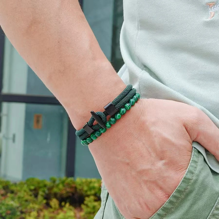 2Pcs Beads Rope Bracelet Set Men Tiger Eyes Malachite Stone Handmade Jewelry